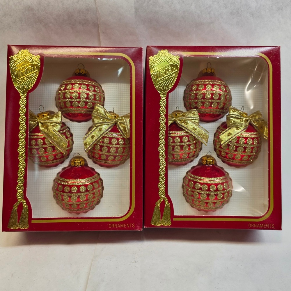 Vtg Rauch Glass Christmas Ornaments Lot of 8 Red Gold Glitter Bows, Victoria USA
